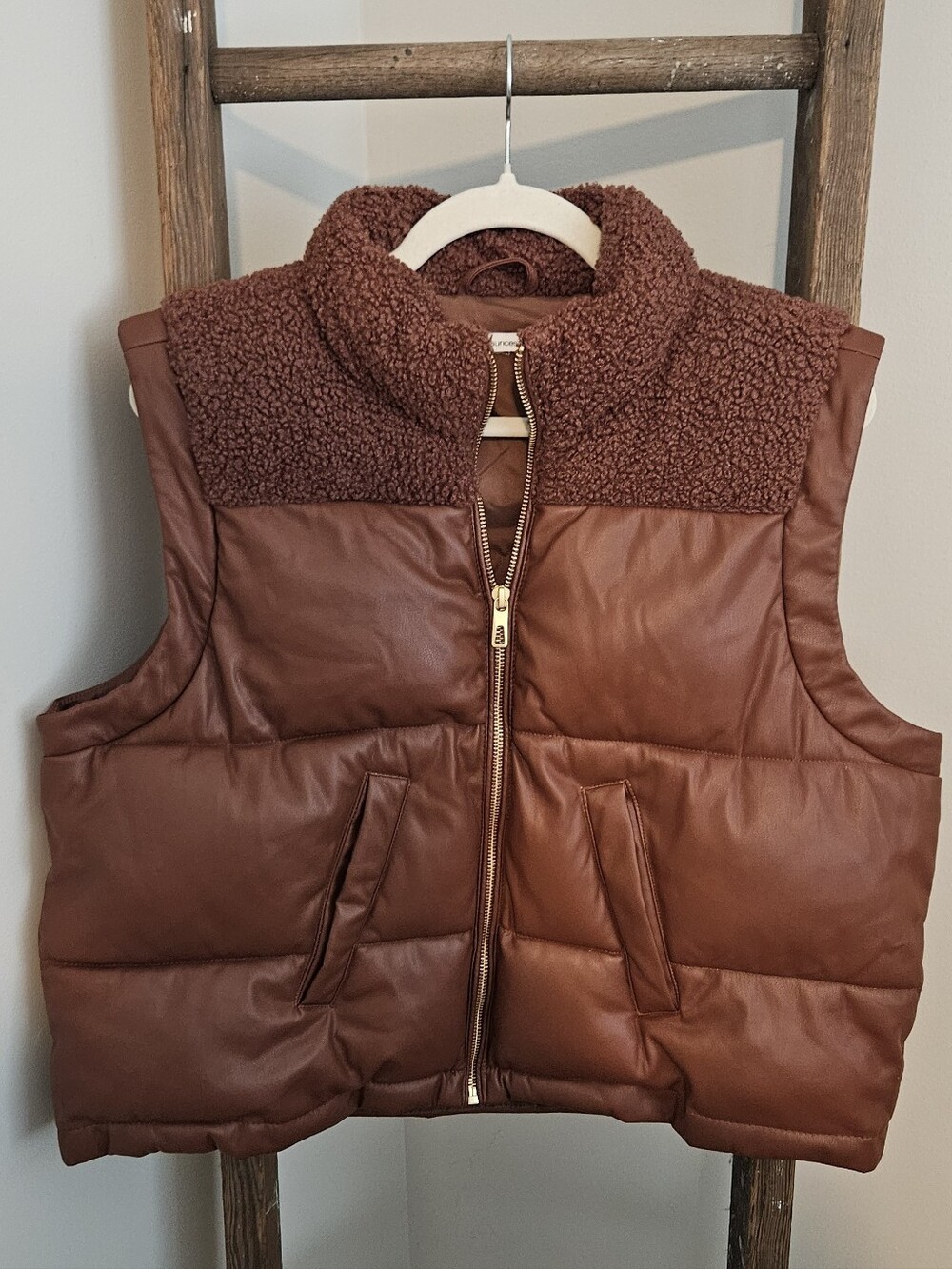 Women's Brown Puffer Vest with Sherpa Collar